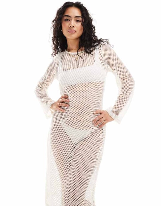 Pieces open knit beach midi dress with bell sleeves in cream - Image 2
