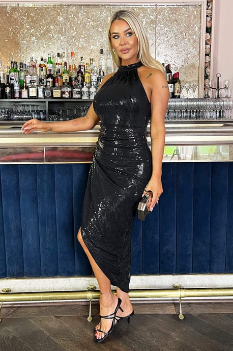 Black Rectangular Sequin Halter Neck Draped Wrap Skirt Midi Dress - Image 2