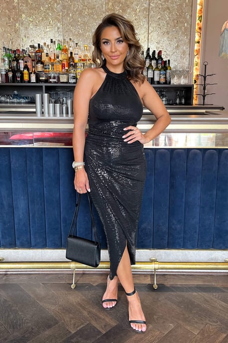 Black Rectangular Sequin Halter Neck Draped Wrap Skirt Midi Dress - Image 4
