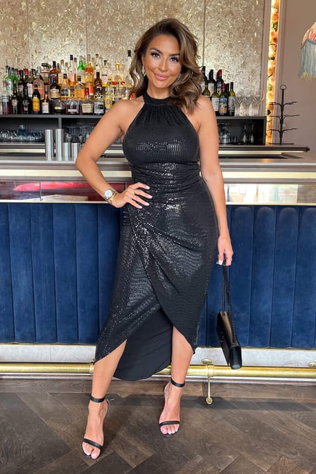 Black Rectangular Sequin Halter Neck Draped Wrap Skirt Midi Dress - Image 5