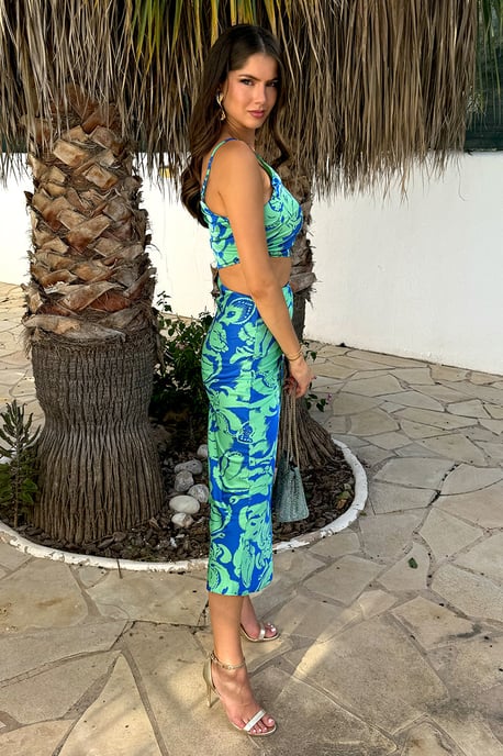 Green And Blue Abstract Printed Asymmetric Cut Out Midi Dress - Image 3