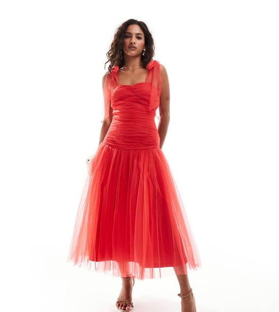 Lace & Beads Petite drop waist bow shoulder midaxi dress in red - Image 1