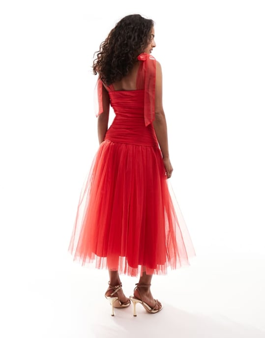 Lace & Beads Petite drop waist bow shoulder midaxi dress in red - Image 2