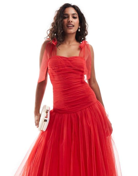 Lace & Beads Petite drop waist bow shoulder midaxi dress in red - Image 4