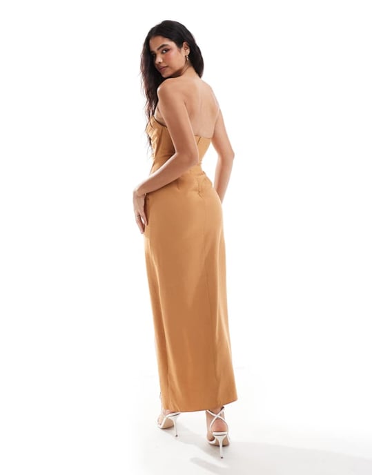 ASOS DESIGN bandeau pleat midi dress with split in brown - Image 4