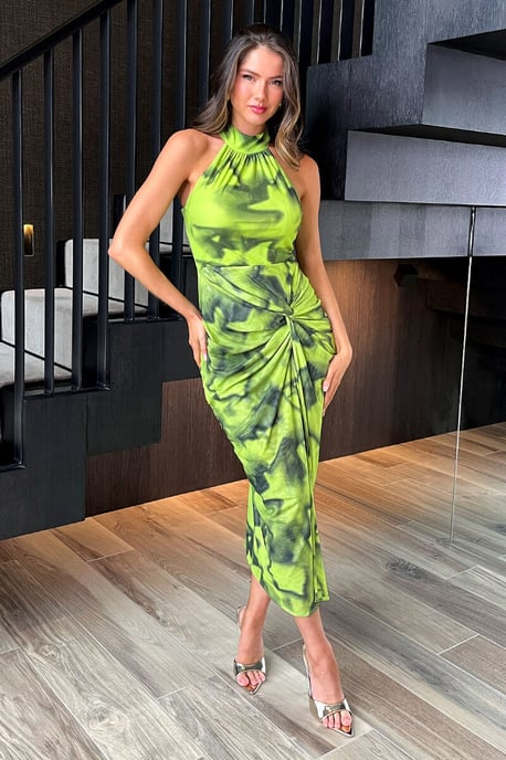 Lime Tie Dye Print Halter Neck Knot Skirt Mesh Midi Dress - Image 2