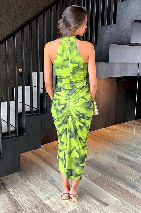 Lime Tie Dye Print Halter Neck Knot Skirt Mesh Midi Dress - Image 4