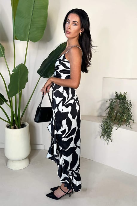 Black And White Leaf Print Strappy Wrap Top High Low Frill Hem Midi Dress - Image 2