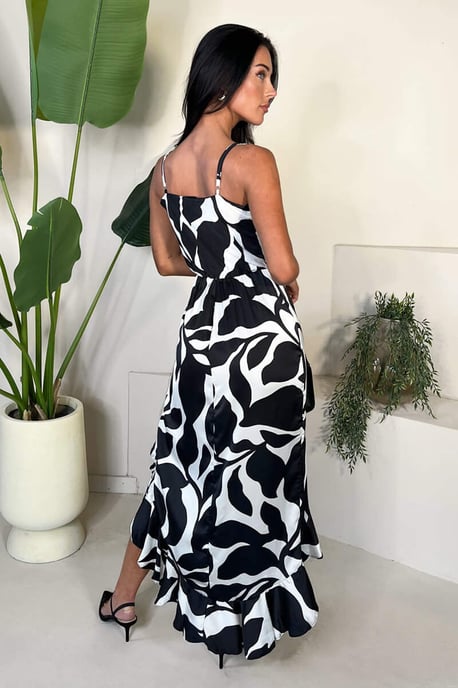 Black And White Leaf Print Strappy Wrap Top High Low Frill Hem Midi Dress - Image 3