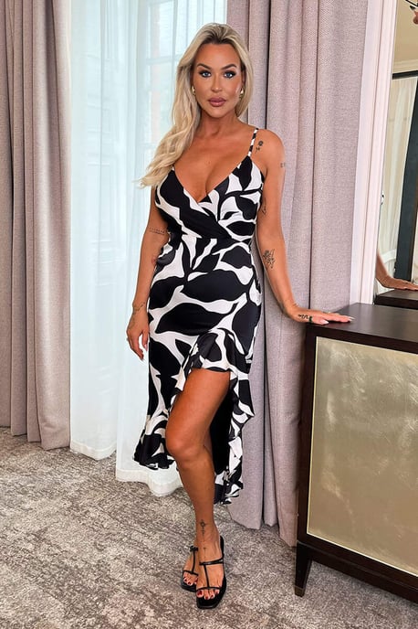 Black And White Leaf Print Strappy Wrap Top High Low Frill Hem Midi Dress - Image 5
