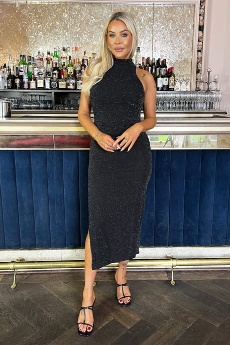 Black Sparkle Halter Neck Ruched Bodycon Midi Dress - Image 1