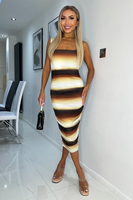 Brown Ombre Printed Square Neck Sleeveless Bodycon Midi Dress - Image 2