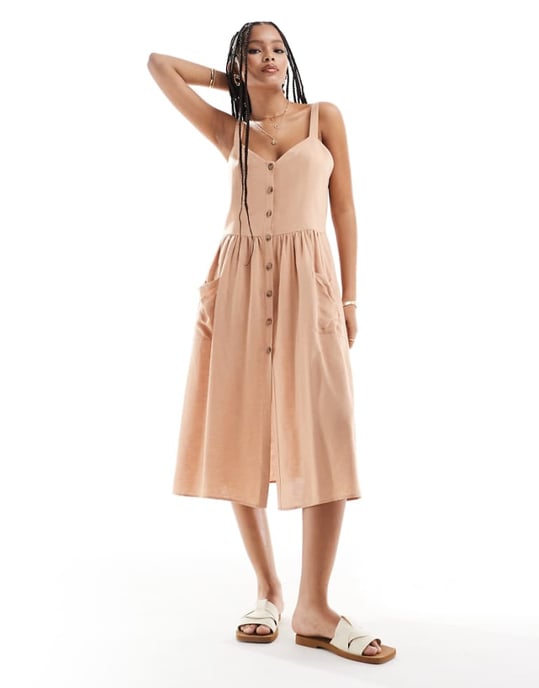 ASOS DESIGN linen natural button through midi dress with pockets in biscuit - Image 1