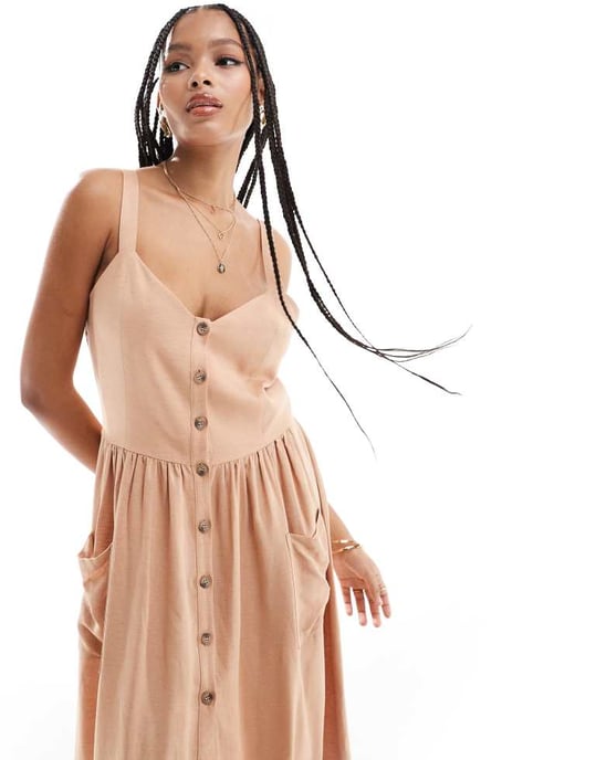 ASOS DESIGN linen natural button through midi dress with pockets in biscuit - Image 2