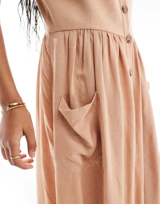 ASOS DESIGN linen natural button through midi dress with pockets in biscuit - Image 3
