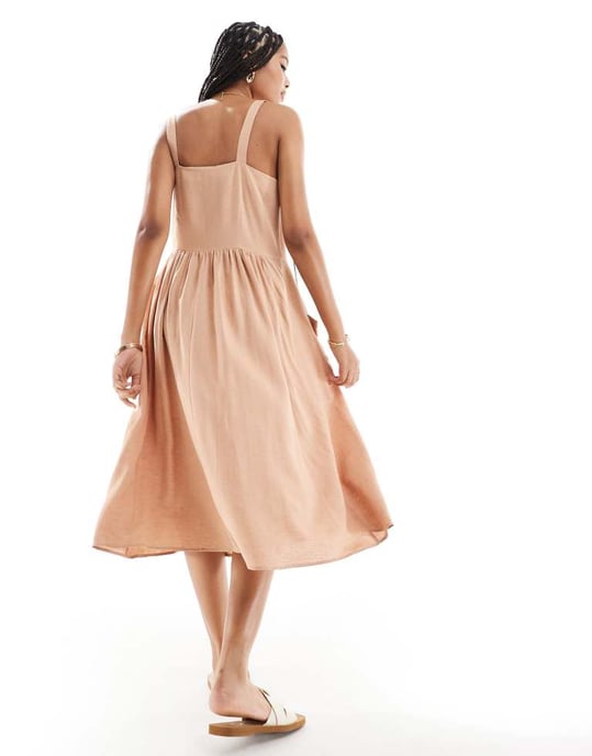 ASOS DESIGN linen natural button through midi dress with pockets in biscuit - Image 4