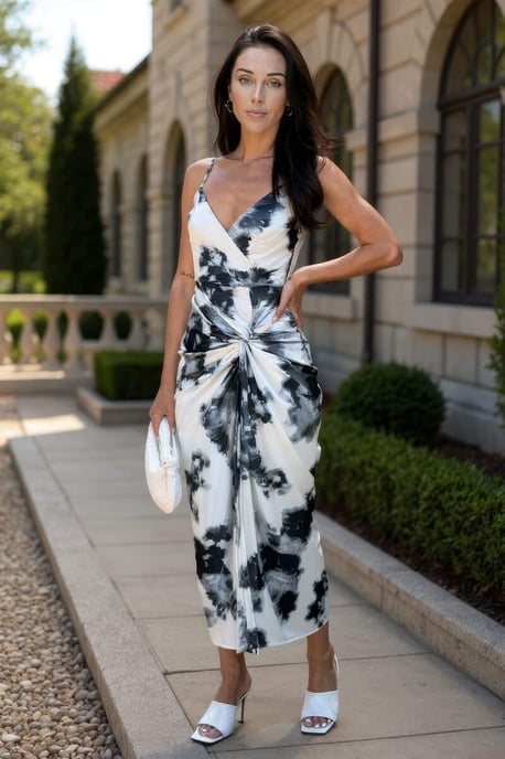 Black And White Marble Print Strappy Wrap Top Knot Skirt Midi Dress - Image 2
