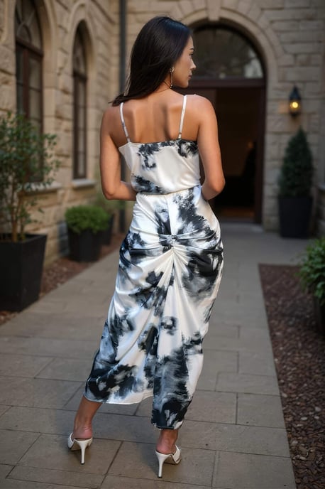 Black And White Marble Print Strappy Wrap Top Knot Skirt Midi Dress - Image 4