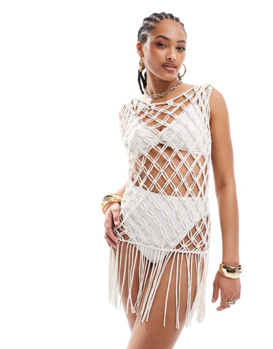 Miss Selfridge festival beach macrame fringe detail mini dress in cream - Image 1