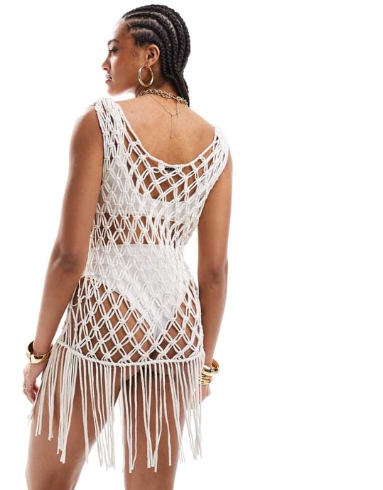 Miss Selfridge festival beach macrame fringe detail mini dress in cream - Image 3
