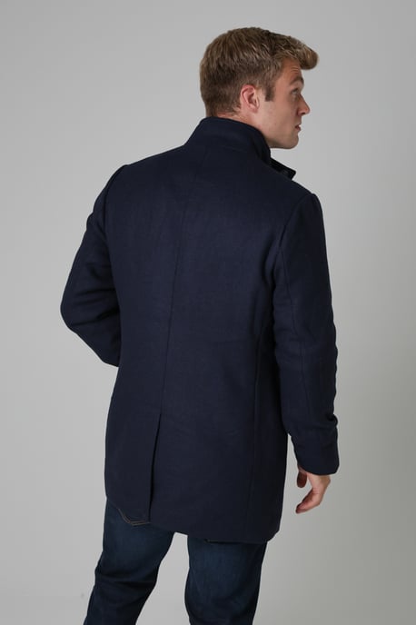 Navy Funnel Neck Coat With Wool - Image 2