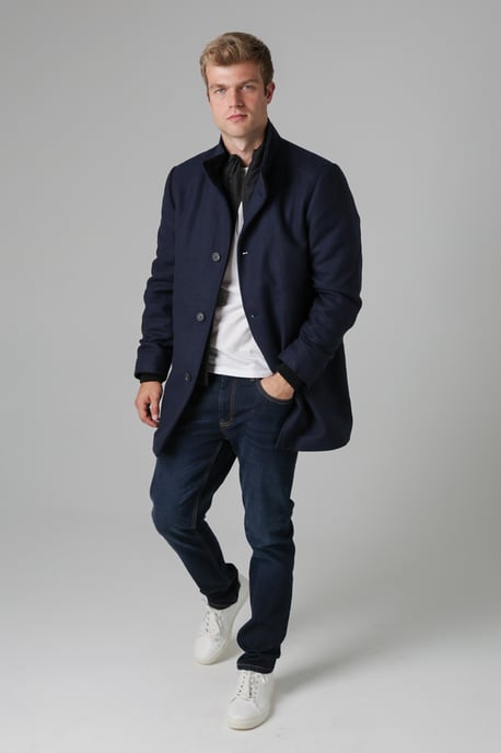 Navy Funnel Neck Coat With Wool - Image 3