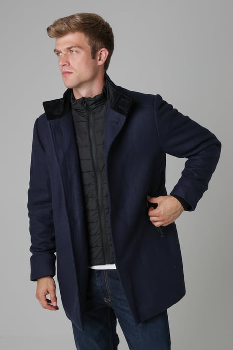 Navy Funnel Neck Coat With Wool - Image 4