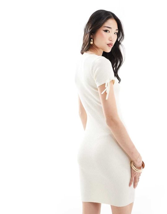 ASOS DESIGN knitted mini dress with scoop neck and tie details in white - Image 4