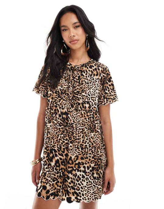 The Frolic exclusive bow detail scallop trim mini dress in leopard - Image 1