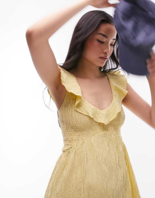 Topshop textured mini shirred ruffle strap dress in yellow stripe - Image 3