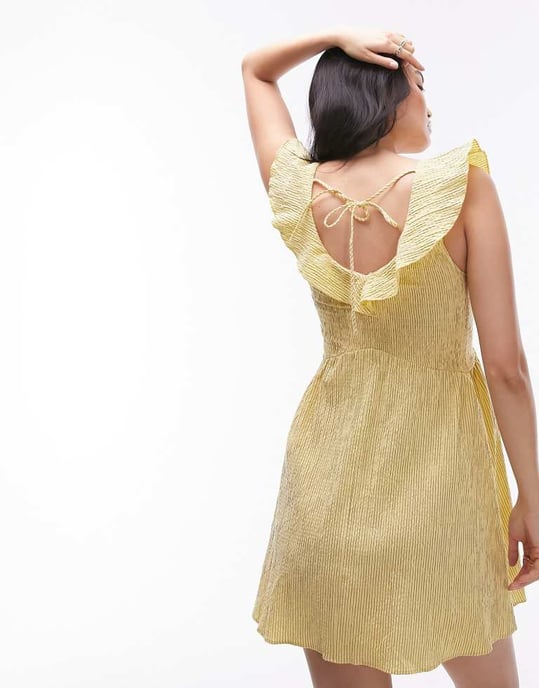 Topshop textured mini shirred ruffle strap dress in yellow stripe - Image 4