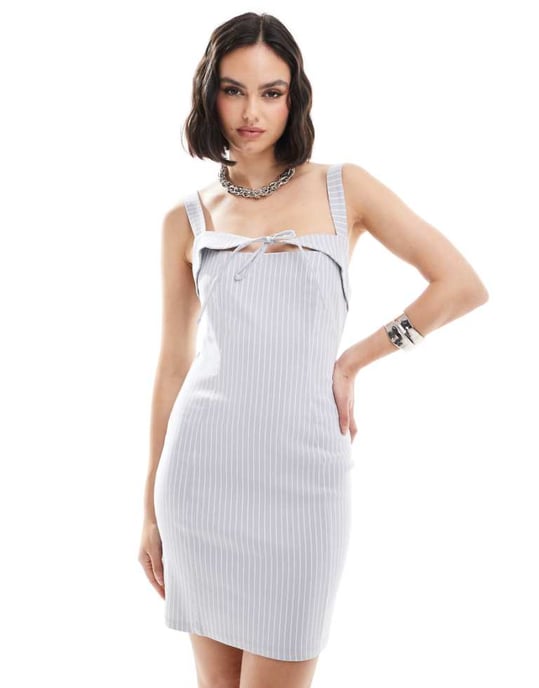 ASOS DESIGN pinstripe mini dress with tie detail in grey stripe - Image 1