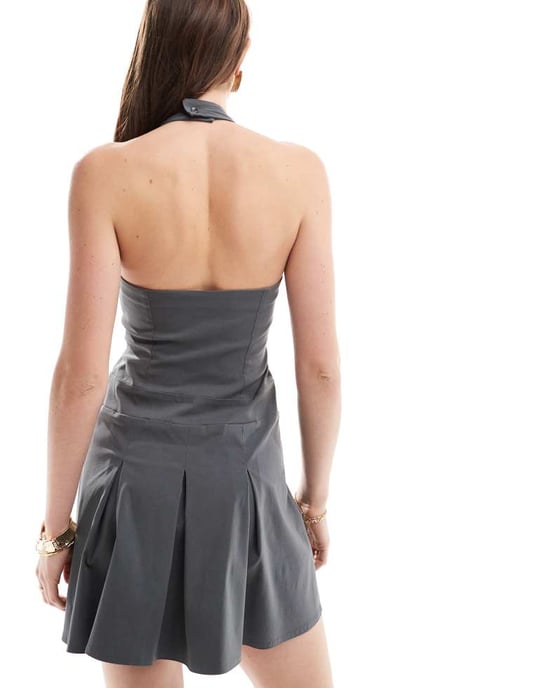 ASOS DESIGN halter mini dress with pleated skirt & bow detail in grey - Image 4