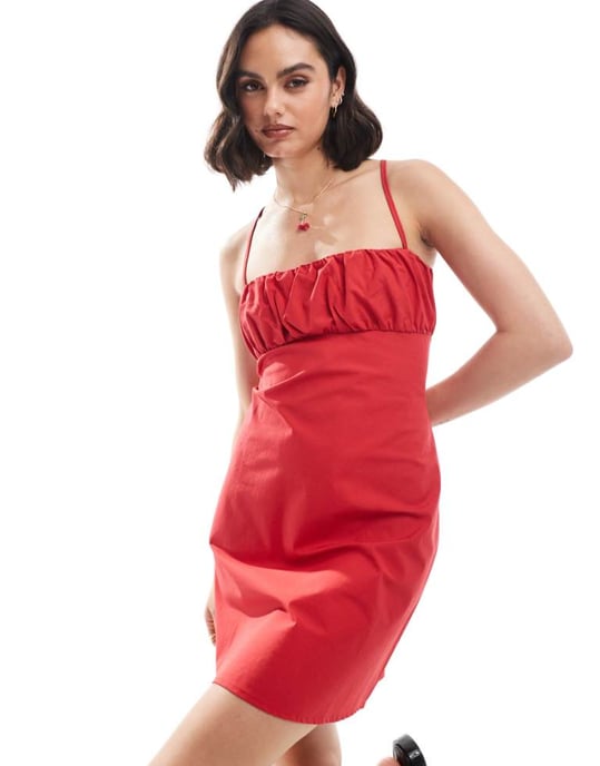 Miss Selfridge poplin lace back mini dress in red - Image 1