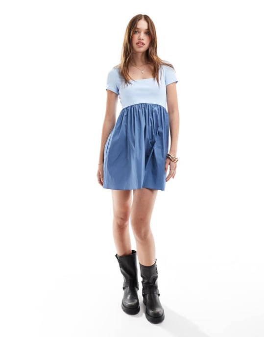 ASOS DESIGN full mini dress with ribbed contrast bodice in blue tones - Image 3