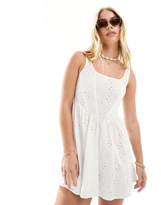 ASOS DESIGN cami floral broderie skater mini dress in white - Image 1