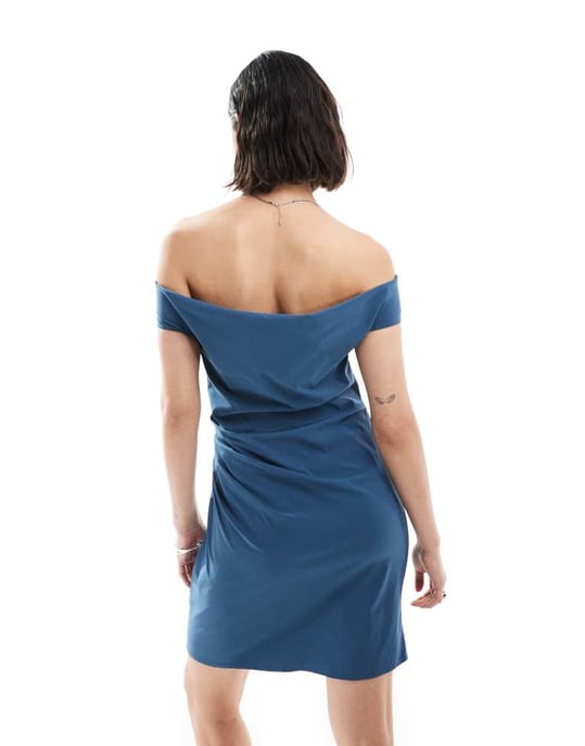 ASOS DESIGN bengaline off shoulder mini dress in denim blue - Image 4