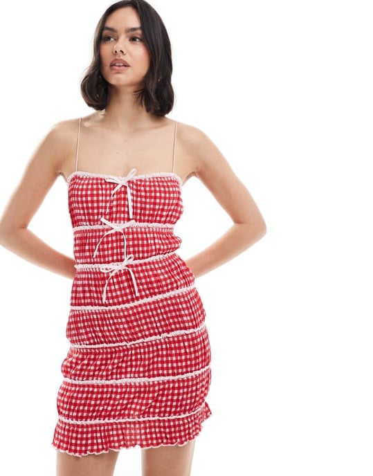 ASOS DESIGN cami strap with ruching mini dress in red gingham print - Image 1