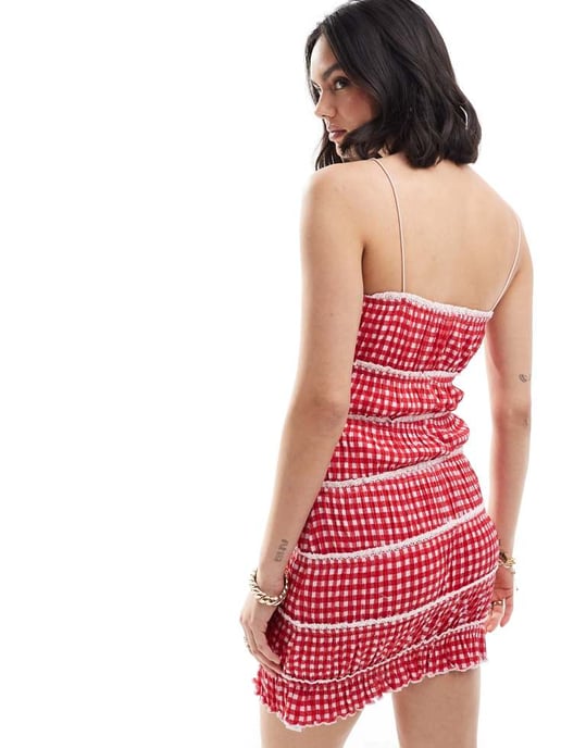 ASOS DESIGN cami strap with ruching mini dress in red gingham print - Image 3