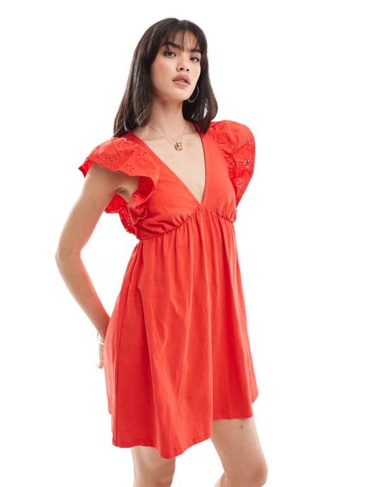 Miss Selfridge smock mini dress with broderie sleeves in red - Image 2