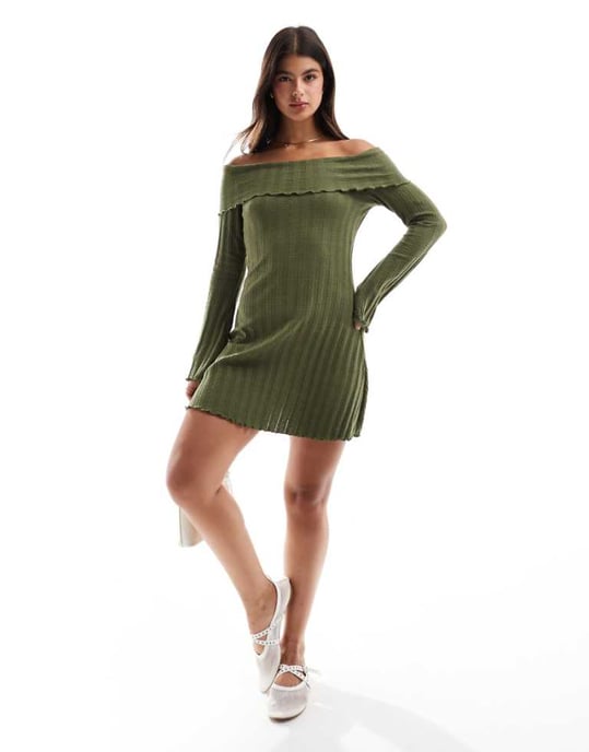 Pieces off the shoulder ribbed mini dress with lettuce edge detail in khaki - Image 1