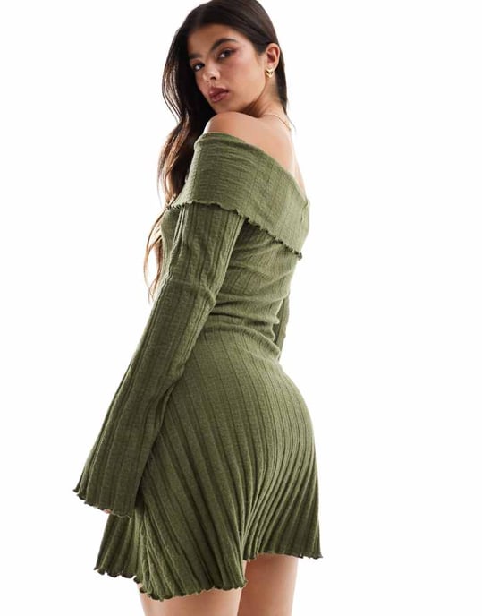 Pieces off the shoulder ribbed mini dress with lettuce edge detail in khaki - Image 2
