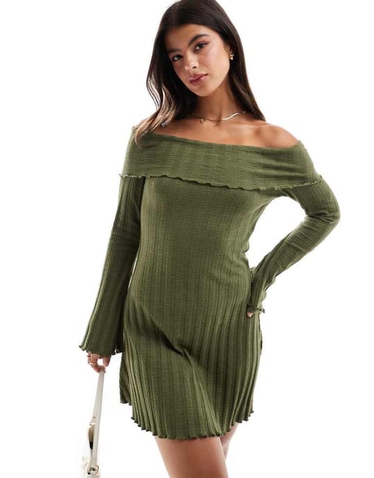 Pieces off the shoulder ribbed mini dress with lettuce edge detail in khaki - Image 4