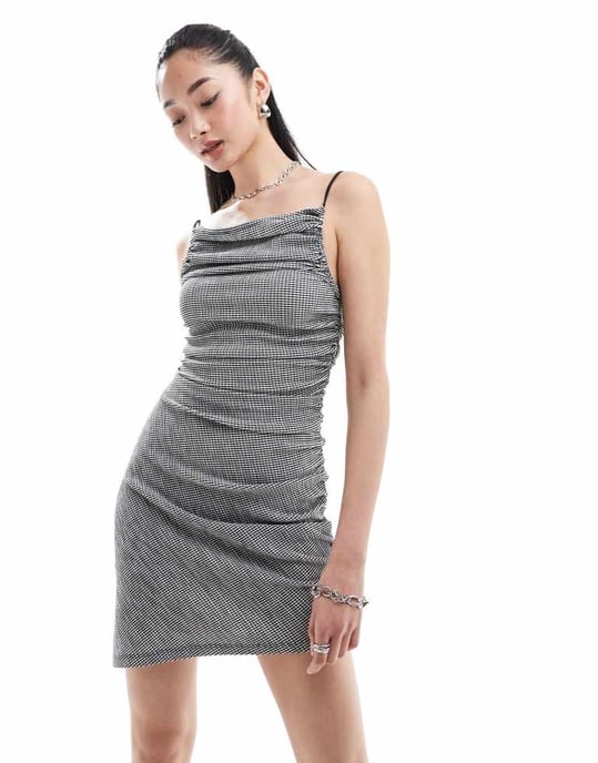 COLLUSION festival high neck checked cami dress in mono - Image 2