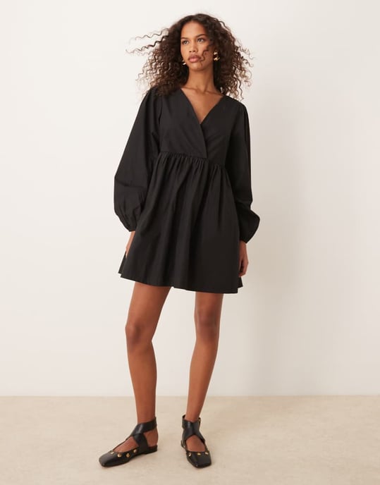 ASOS DESIGN cotton v-neck mini smock dress in black - Image 2