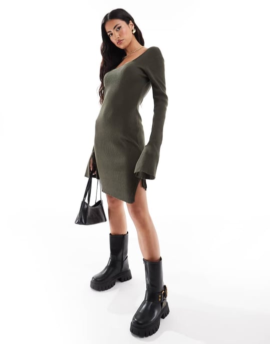 ASOS DESIGN knitted scoop neck mini dress with tie detail in khaki - Image 2