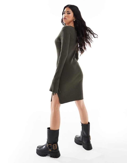 ASOS DESIGN knitted scoop neck mini dress with tie detail in khaki - Image 3