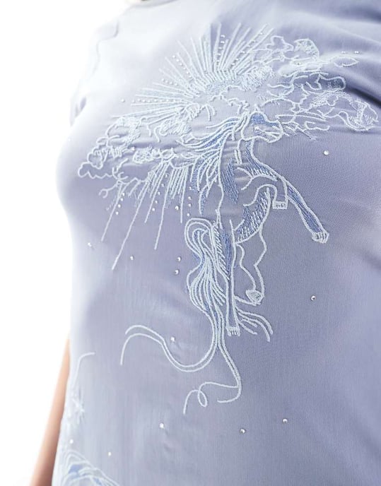 ASOS DESIGN short sleeve with floral embroidery mini dress in blue - Image 4