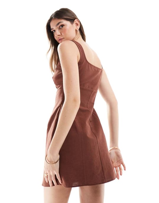 ASOS DESIGN linen scoop neck mini dress with bust seam detail in brown - Image 4