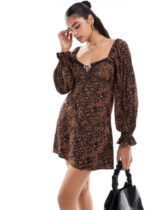 Miss Selfridge ribbon detail tie front mini tea dress in animal print - Image 1